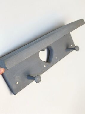 Vintage 1980s Dusty Blue Painted Wood Heart Shelf w/ 2 Coat Pegs 12 inches long